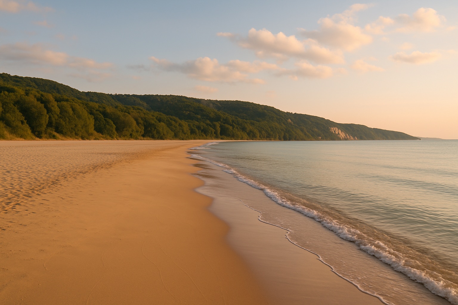 Breiter flach abfallender Sandstrand des Familienresorts Albena an der bulgarischen Nordküste im warmen Abendlicht