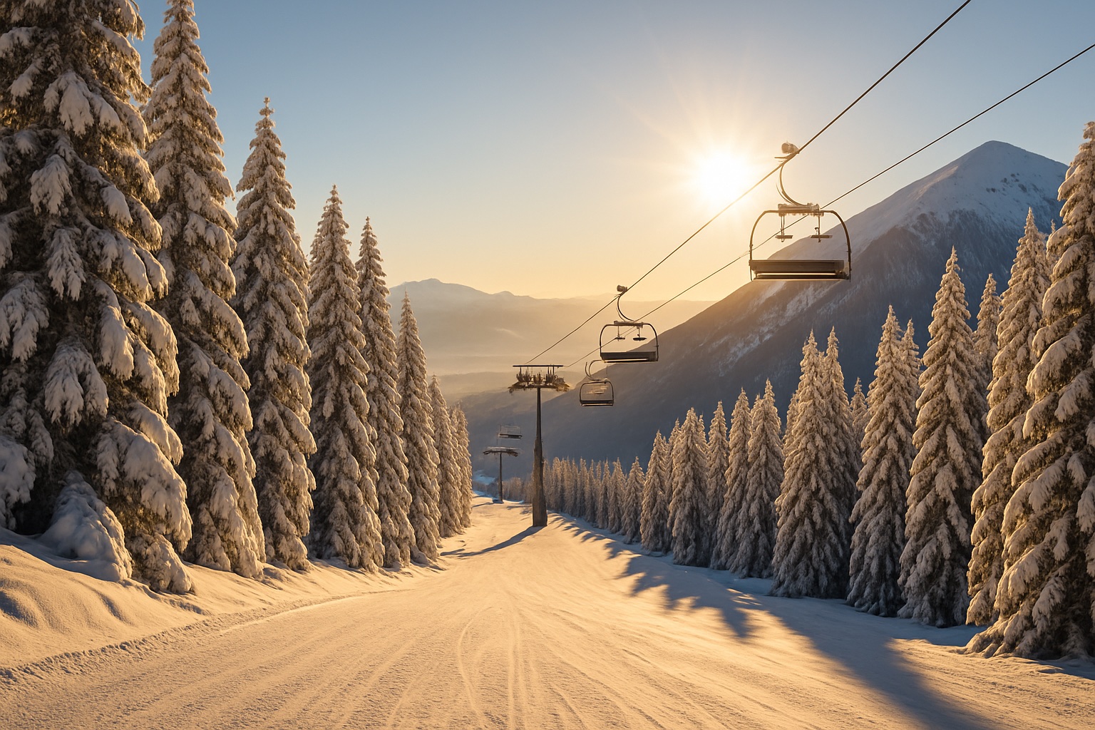 Verschneite Skipiste mit Sessellift oberhalb von Bansko im bulgarischen Pirin-Gebirge im Winter