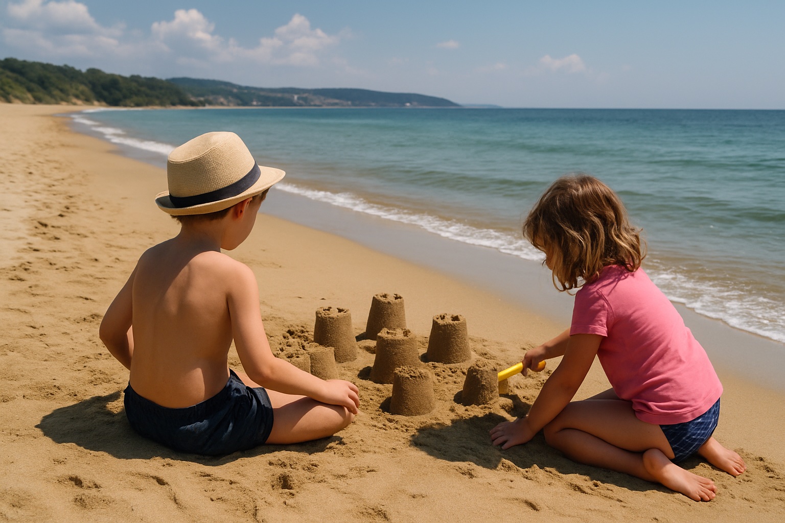 Kinder bauen Sandburgen an einem breiten goldenen Sandstrand an der bulgarischen Schwarzmeerküste