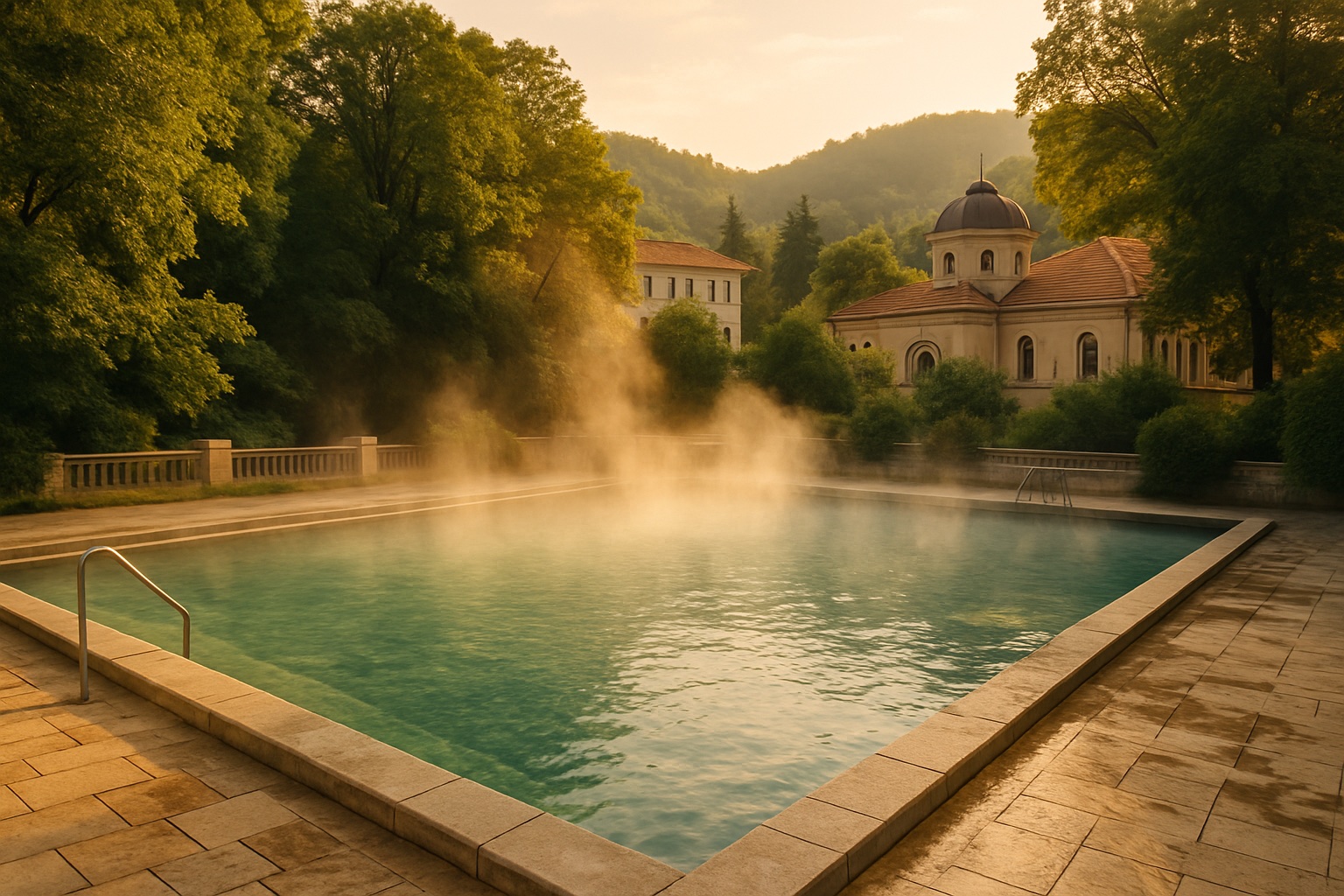 Ruhiges Thermal-Mineralbad im Freien in einem bulgarischen Kurort, umgeben von üppigem Grün mit aufsteigendem Dampf im weichen Licht