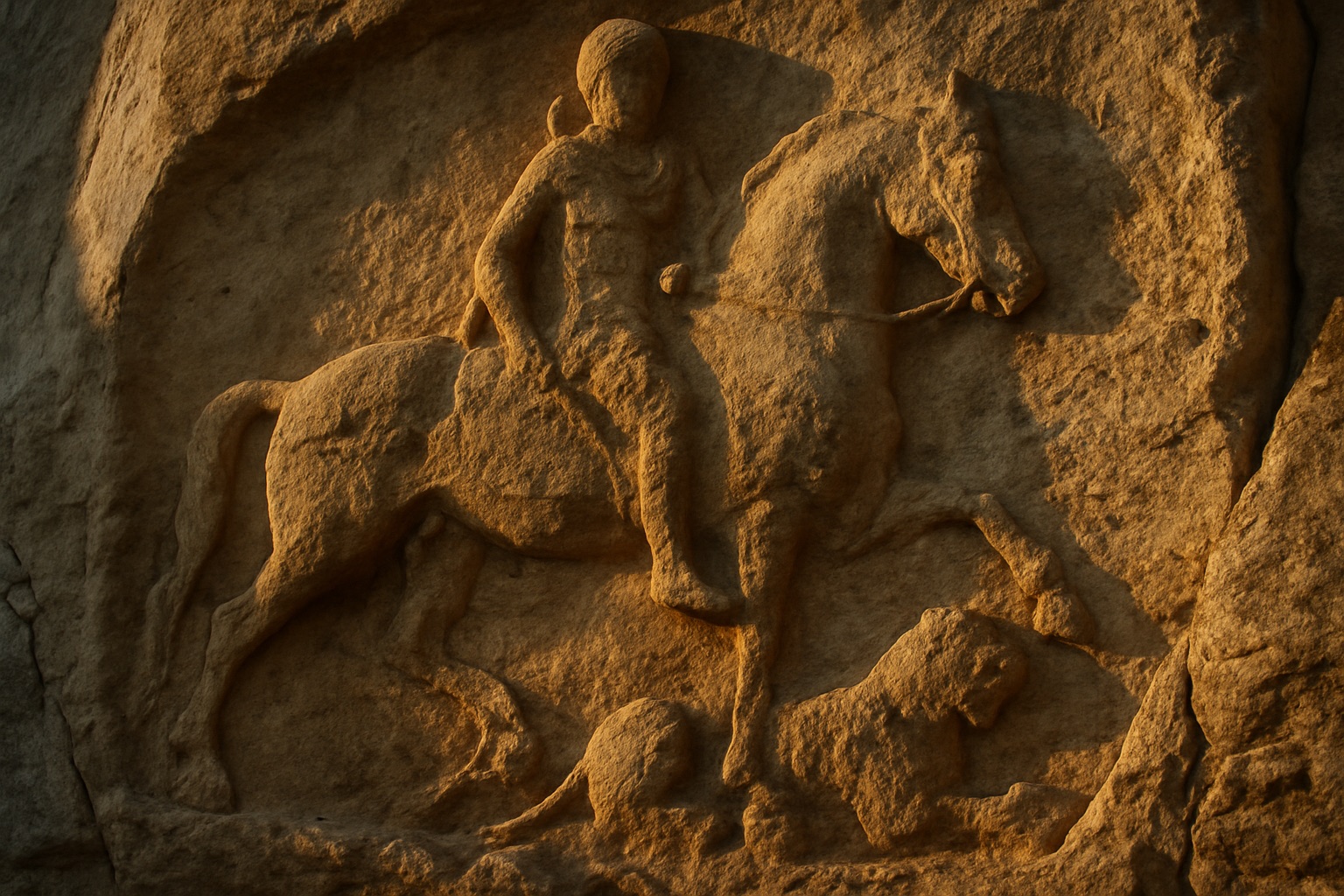 Das Felsrelief des Madara-Reiters hoch an einer hellen Kalksteinwand in Nordostbulgarien im warmen Licht