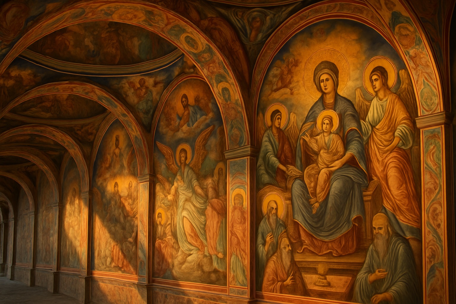 Farbige Fresken unter den Arkaden der Hauptkirche des Rila-Klosters in Bulgarien im warmen Licht
