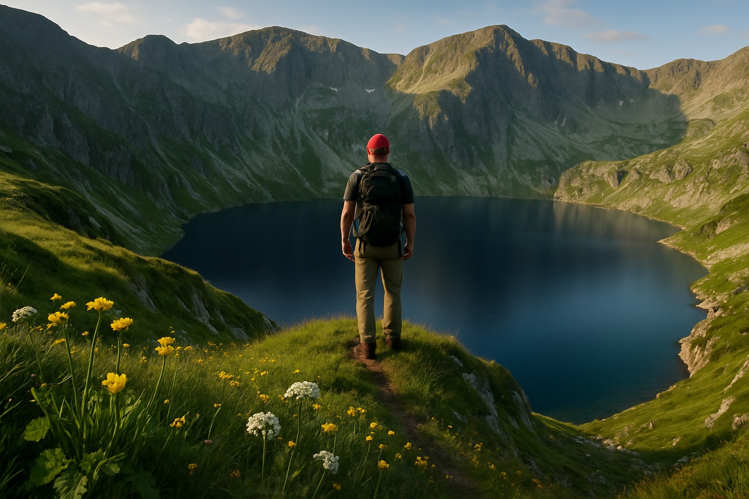 Wanderer auf einem grünen Grat über einem tiefblauen Gletschersee im Rila-Gebirge