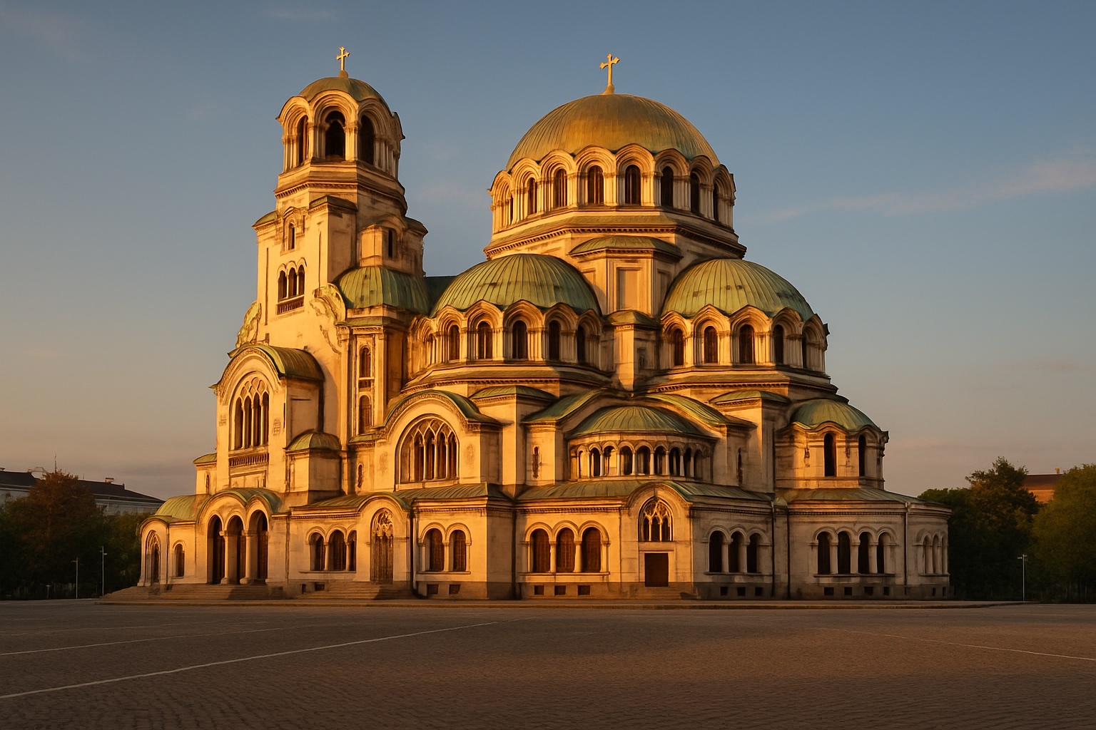 Die Alexander-Newski-Kathedrale in Sofia mit ihren vergoldeten Kuppeln im warmen Abendlicht