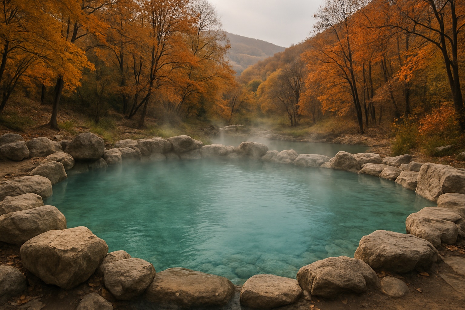 Natürlicher heißer Mineralquellen-Pool mit dampfendem türkisfarbenem Wasser in der bulgarischen Berglandschaft