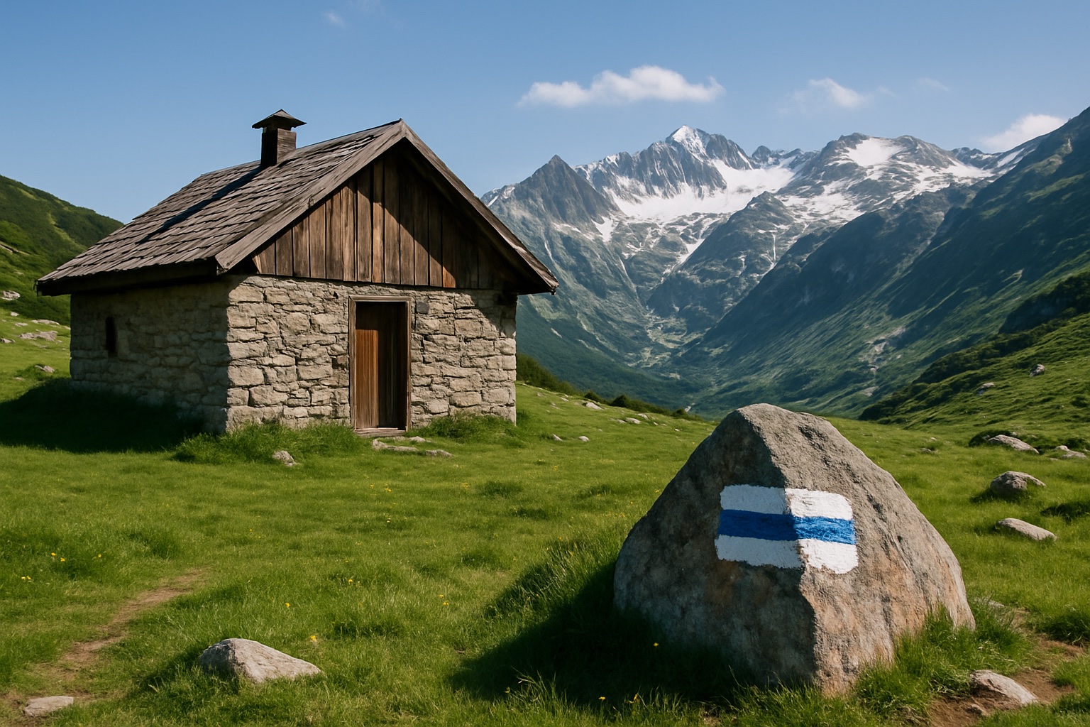 Steinerne Berghütte auf einer grünen Almwiese im Rila-Gebirge mit schneebedeckten Gipfeln im Hintergrund