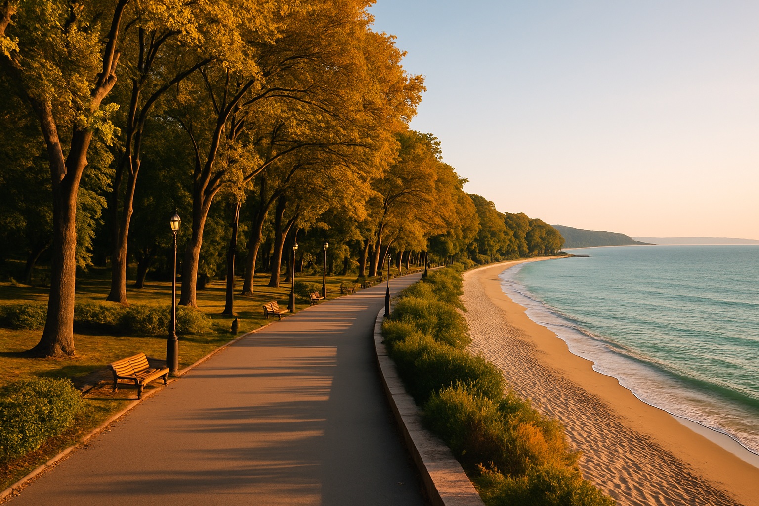 Die Uferpromenade und der Meeresgarten von Warna am Schwarzen Meer im Abendlicht