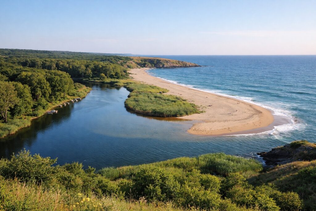 Die Veleka mündet bei Sinemorez in einer flachen Flusslandschaft mit Auwald ins Schwarze Meer