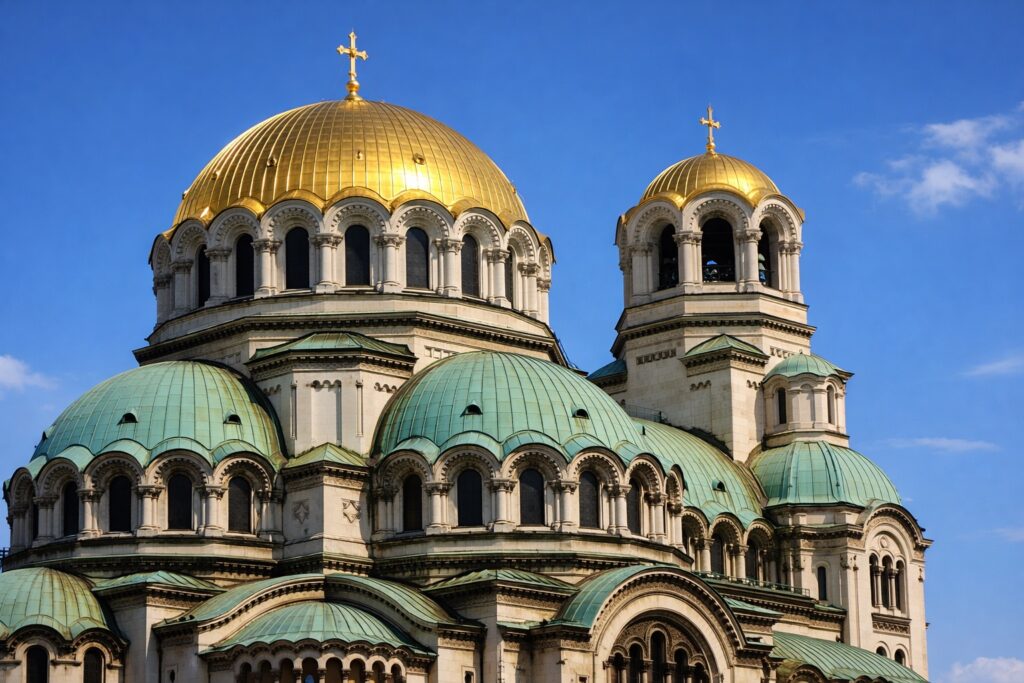 Vergoldete Kuppel und grüne Kupferdächer der Alexander-Newski-Kathedrale vor blauem Himmel in Sofia