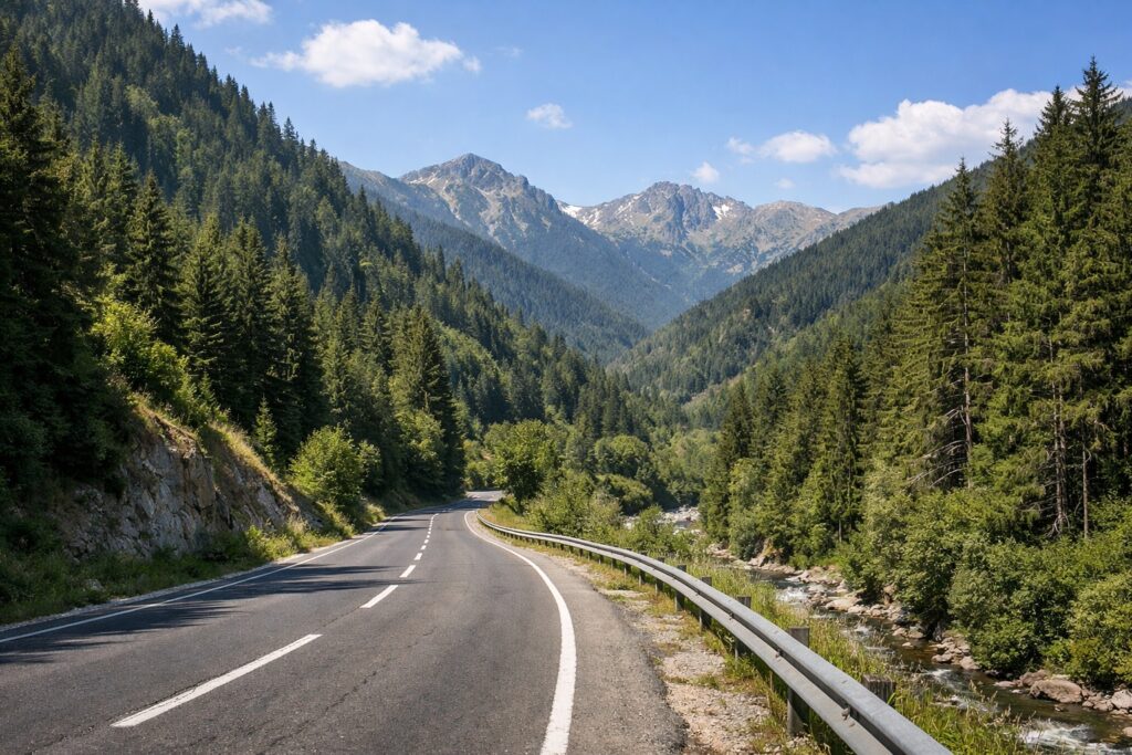 Landstraße führt durch ein grünes Gebirgstal mit Nadelwald und fernen Gipfeln in der Umgebung von Sofia