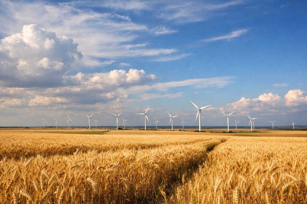 Weite Weizenfelder der Dobrudscha mit Windrädern am Horizont unter großem Himmel