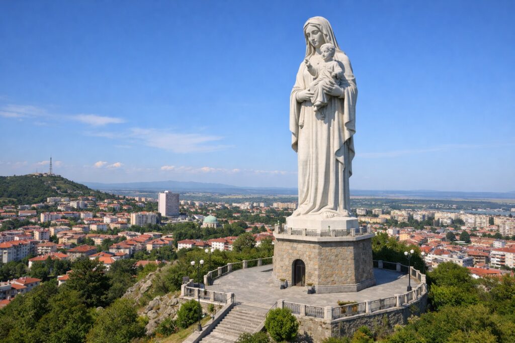 Hohe Marienstatue auf einem Hügel über der Stadt Haskowo vor blauem Himmel
