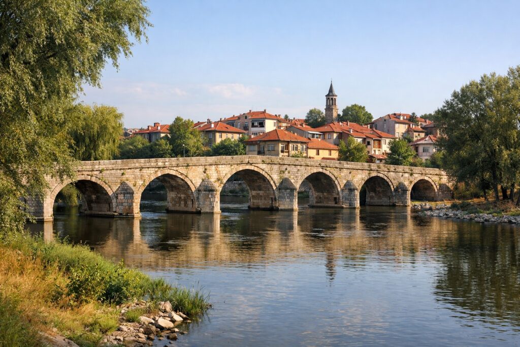 Steinerne Brücke über die Tundscha in Jambol mit Uferbäumen und Altstadthäusern im Hintergrund