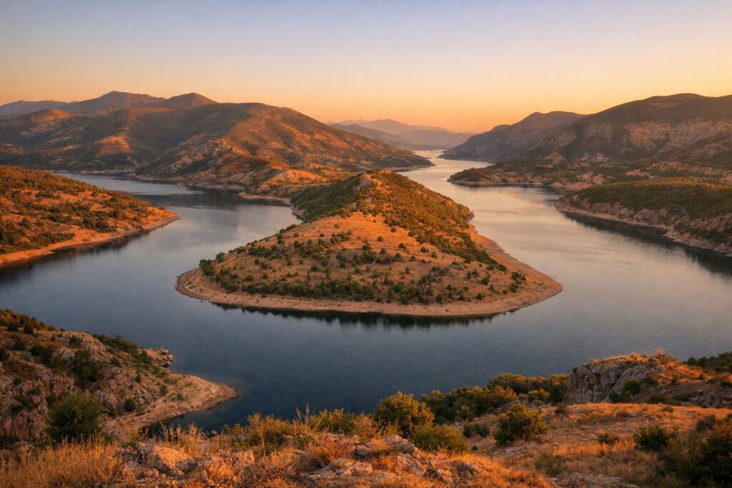 Der Stausee bei Kardschali zwischen sanften, trockenen Rhodopenhügeln im Abendlicht