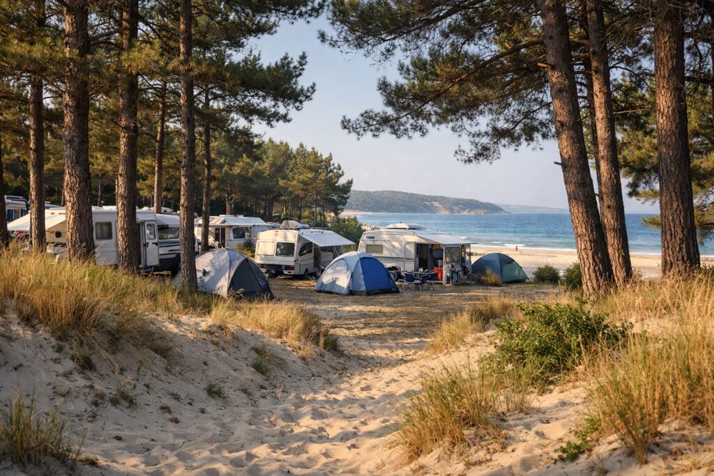 Campingplatz unter Kiefern hinter den Dünen bei Kiten nahe am Strand