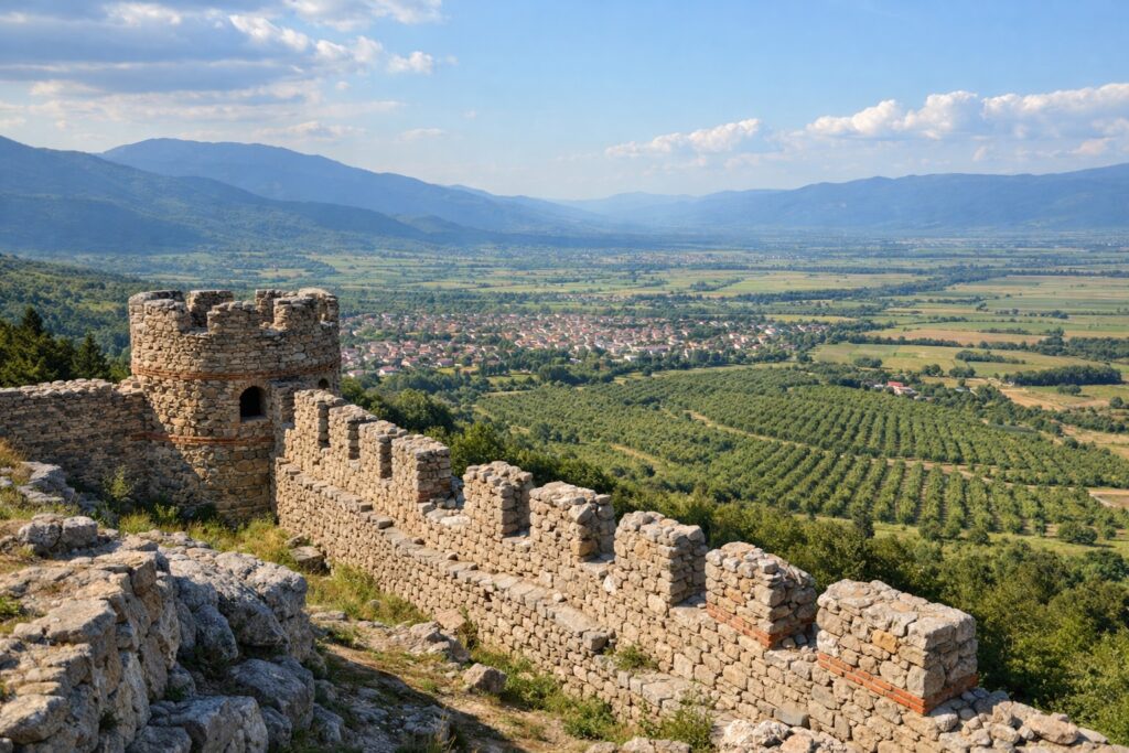 Steinmauern der Festung Hissarlaka auf einem Hügel über Kjustendil mit Blick auf das Tal und Obstgärten