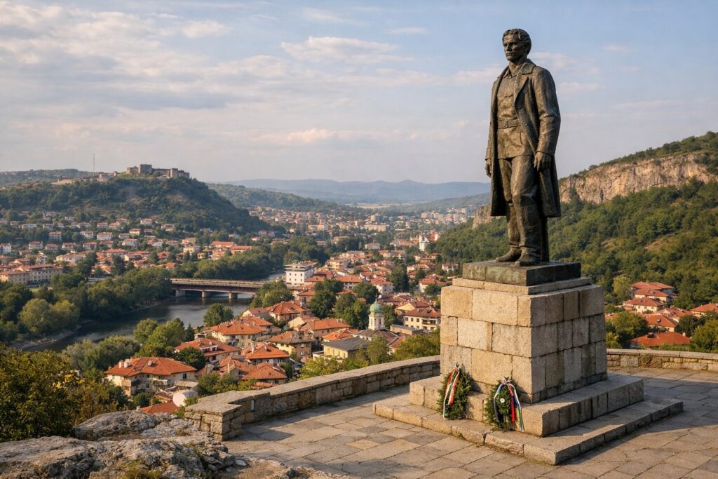 Das Denkmal für Wassil Lewski oberhalb von Lowetsch mit Blick über die Dächer der Stadt