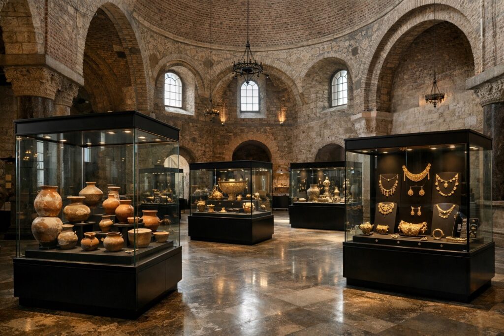 Kuppelsaal mit Vitrinen voller antiker Keramik und Goldschmuck in einem Archäologiemuseum in Sofia