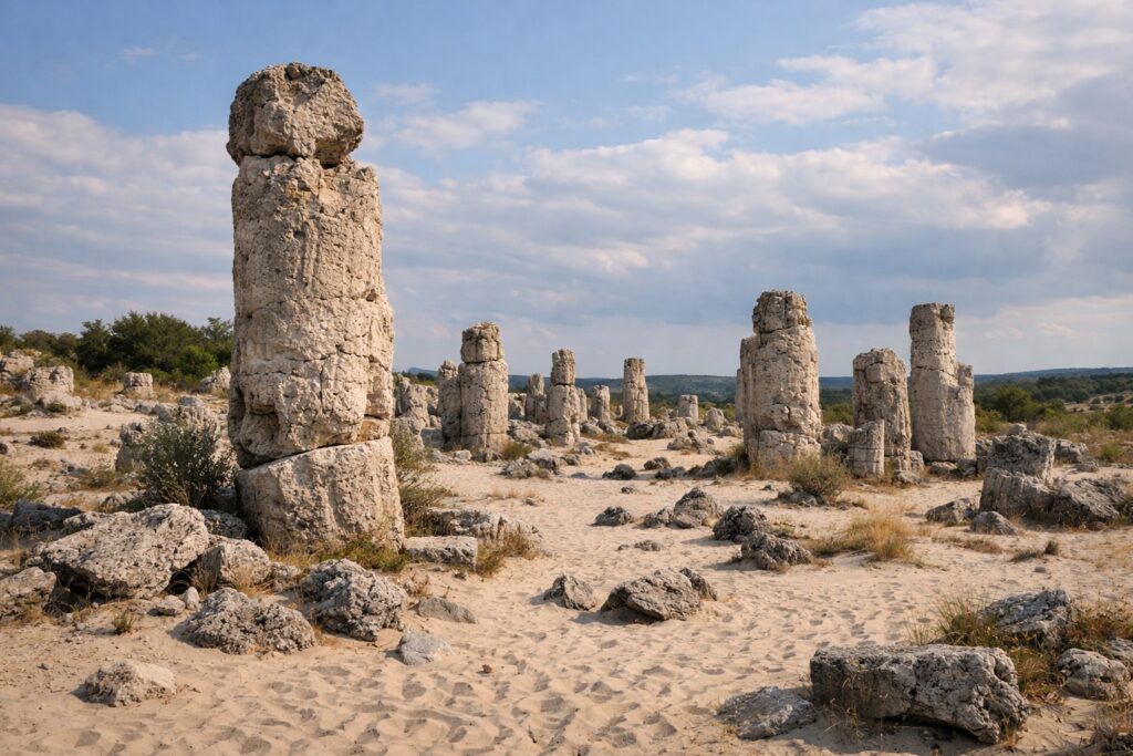 Hohle Kalksteinsäulen von Pobiti Kamani im sandigen Gelände bei Warna