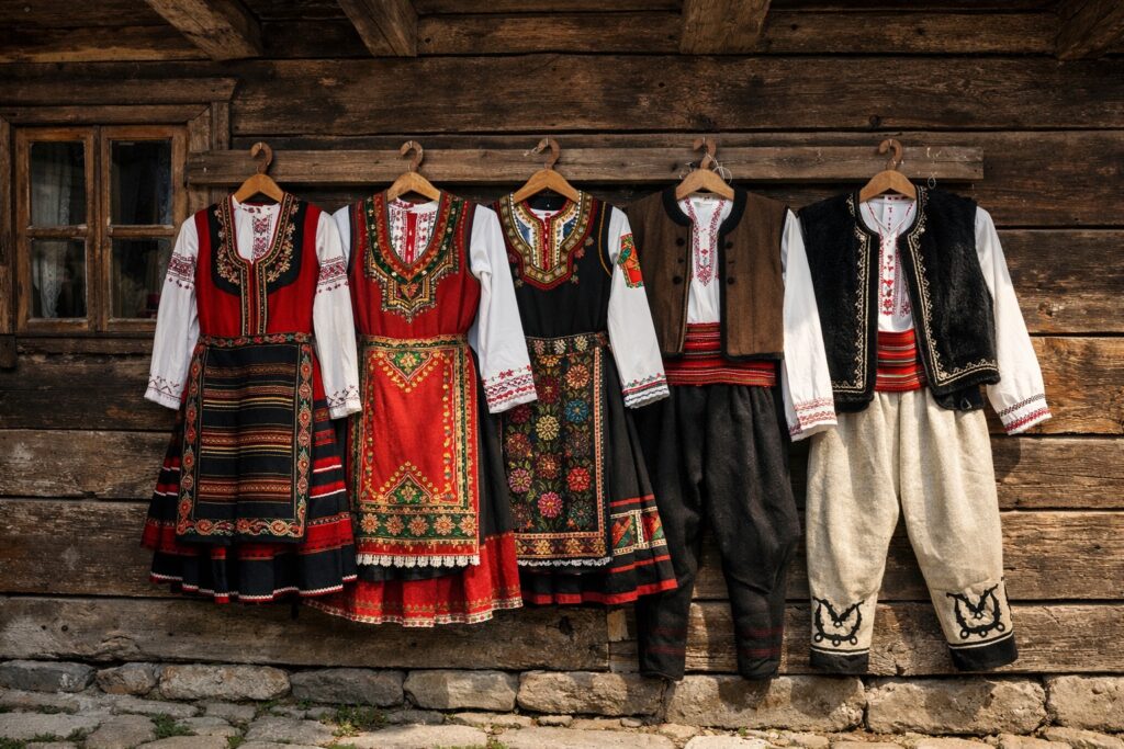 Bestickte bulgarische Volkstrachten auf Holzbügeln vor der Holzwand eines Hauses in Scherawna