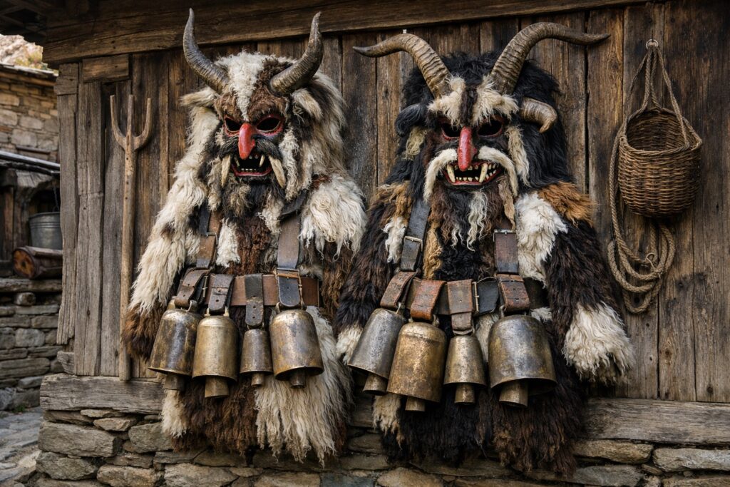 Kukeri-Masken mit Hörnern, Fellen und großen Bronzeglocken an einer Holzwand im Rhodopen-Dorf