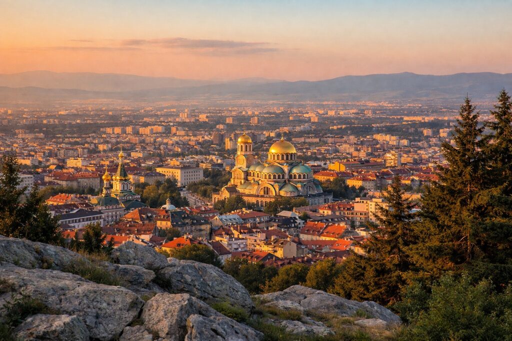 Blick von einem Aussichtspunkt der Witoscha auf die Stadt Sofia mit Dächern und goldenen Kuppeln im Abendlicht