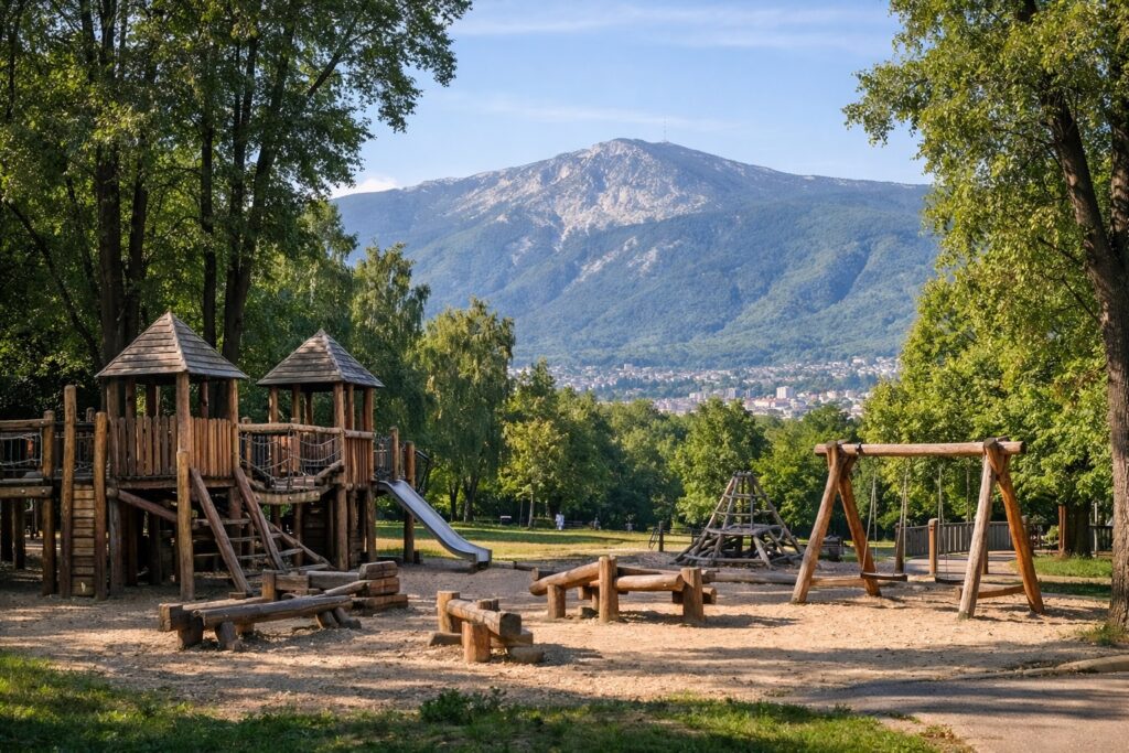 Spielplatz mit Holzgeräten unter hohen Bäumen in einem Stadtpark in Sofia, im Hintergrund die Witoscha