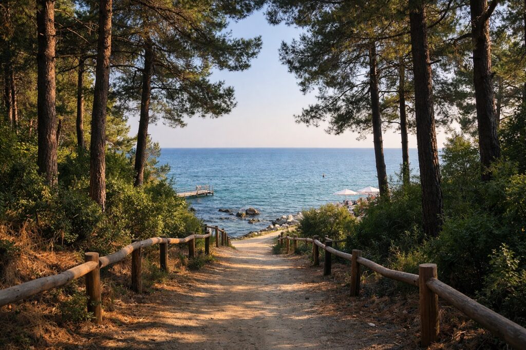 Waldweg zwischen Kiefern führt im Kurort Sweti Konstantin und Elena zum Meer