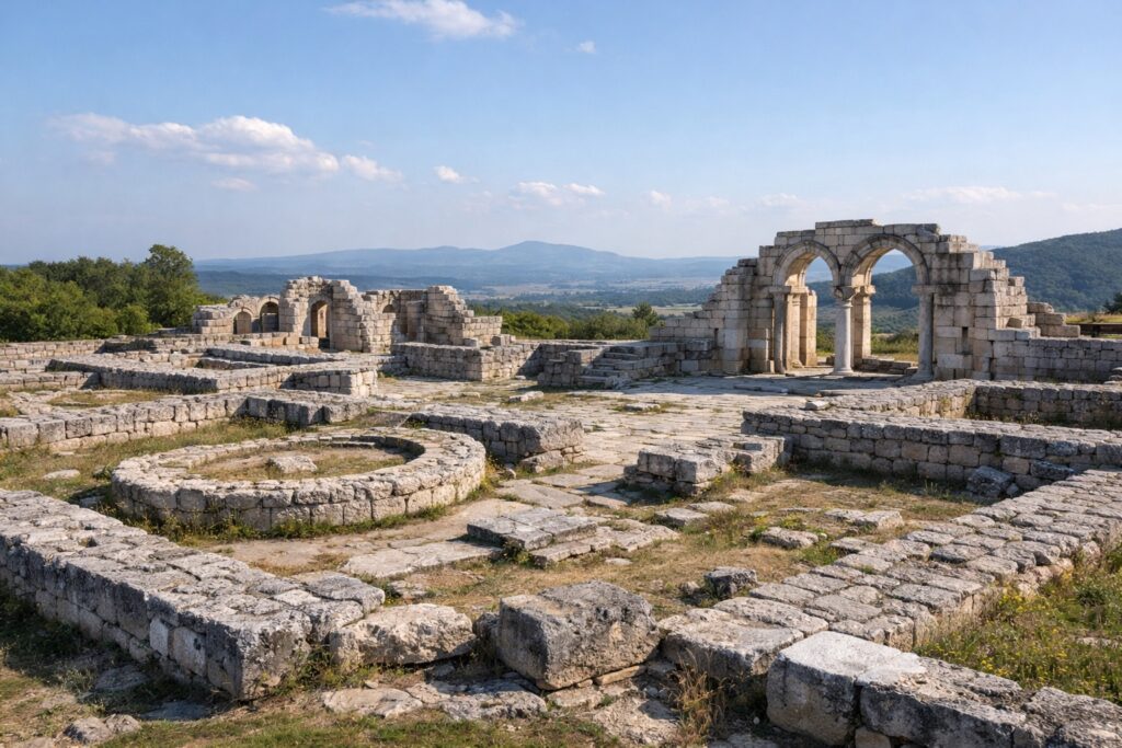Fundamente und Mauern des Palastkomplexes von Weliki Preslaw auf einem Hügel