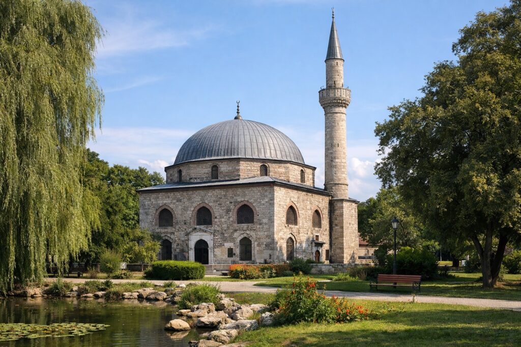Die Herzmoschee von Osman Pasvanoglu mit Rundkuppel und Minarett in einem Park in Widin